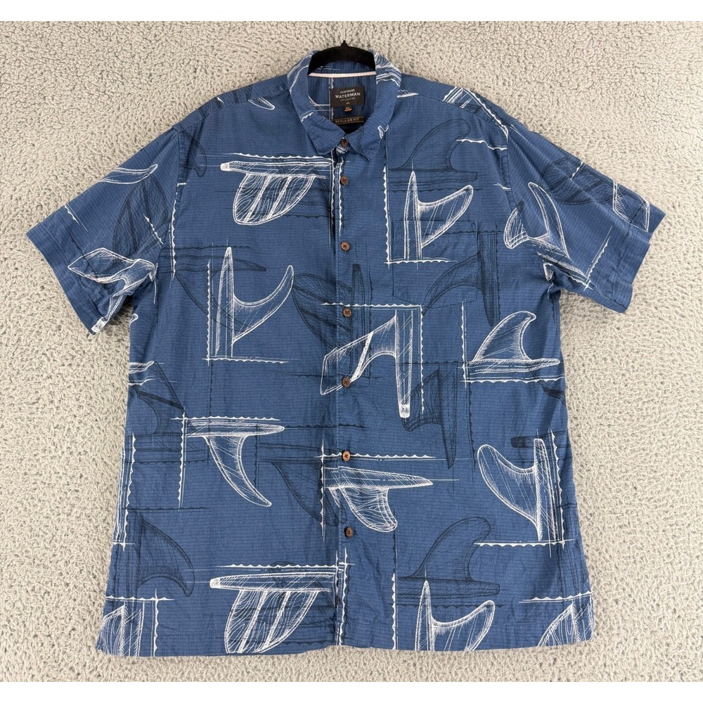 Quiksilver Waterman Shirt Mens XL Blue Surfboard Print Cotton Viscose Hawaiian